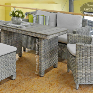 Outdoor Loungemöbel mit Stil und Komfort aus Polyrattan, Zweisitzer, Gartensessel, Hocker + Gartentisch - grau