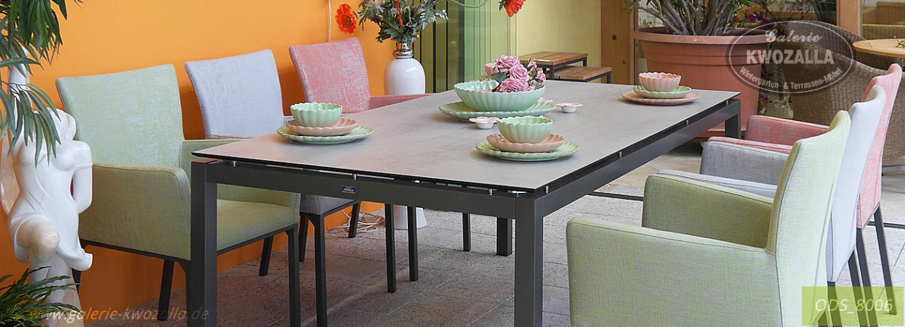 Gartenmöbel - Gartensessel Set aus Outdoorstoff + großer Esstisch